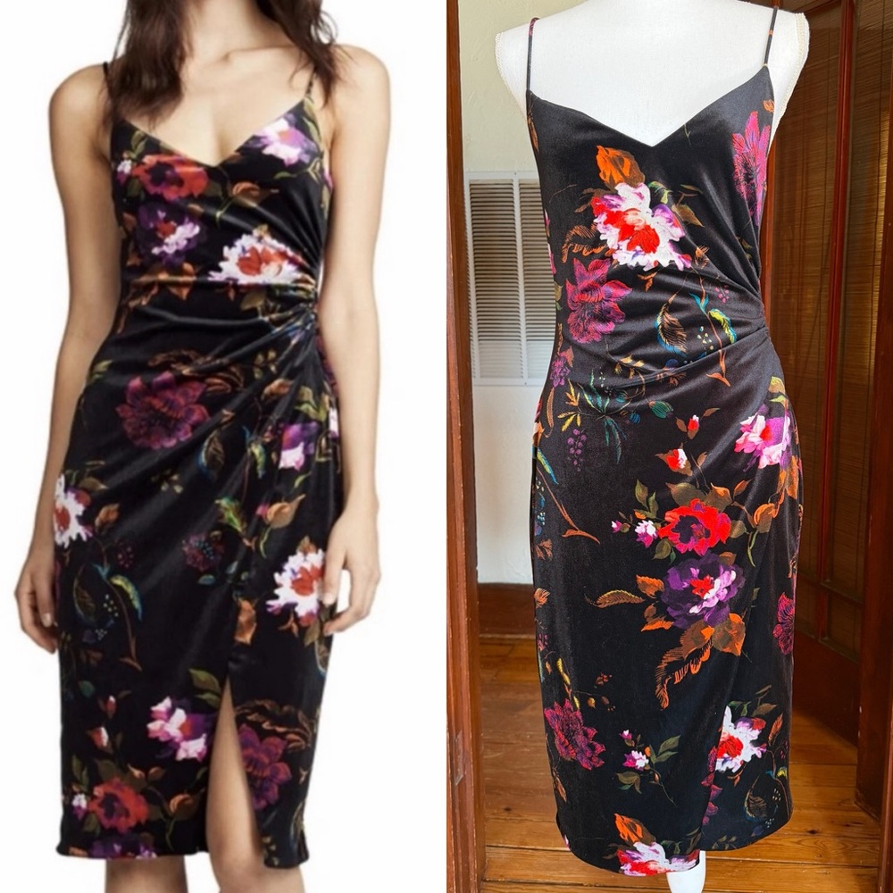 Black Halo "Bowery" Floral Black Velvet Spaghetti Strap Ruched Midi Dress Sz 8